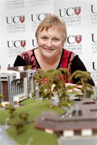 Pro-Vice-Chancellor (Learning Resources) Professor Sue McKnight with a model of the UC campus